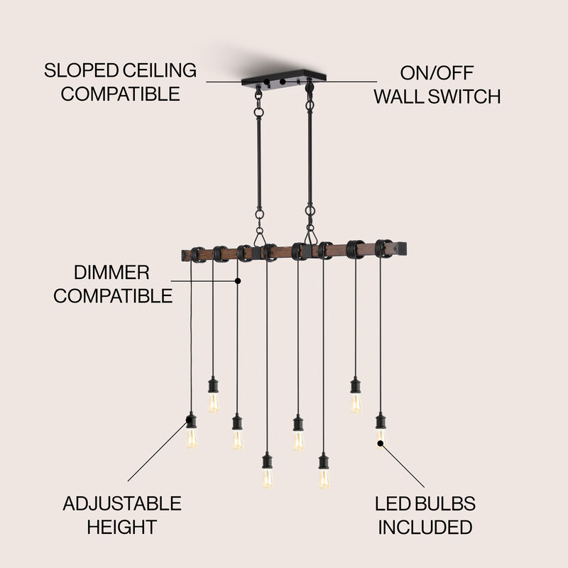 Rhys 8-Light Vintage Industrial Driftwood Iron LED Linear Chandelier with Height Adjustable Bulbs