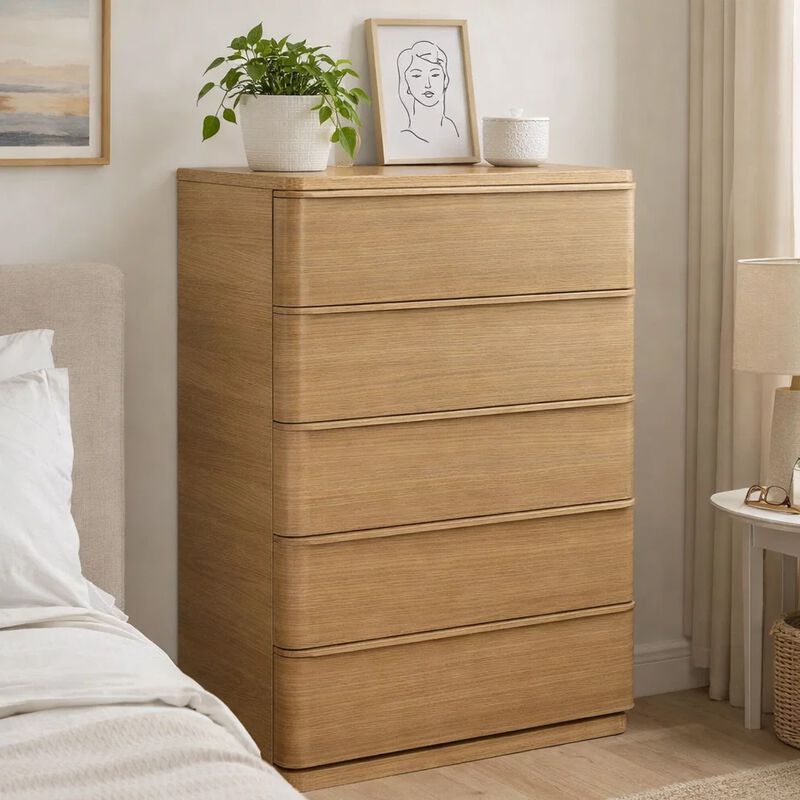 Sery Tall Dresser Chest, 5 Drawers, Minimalist Lip Handles, Oak Brown Wood image number 8
