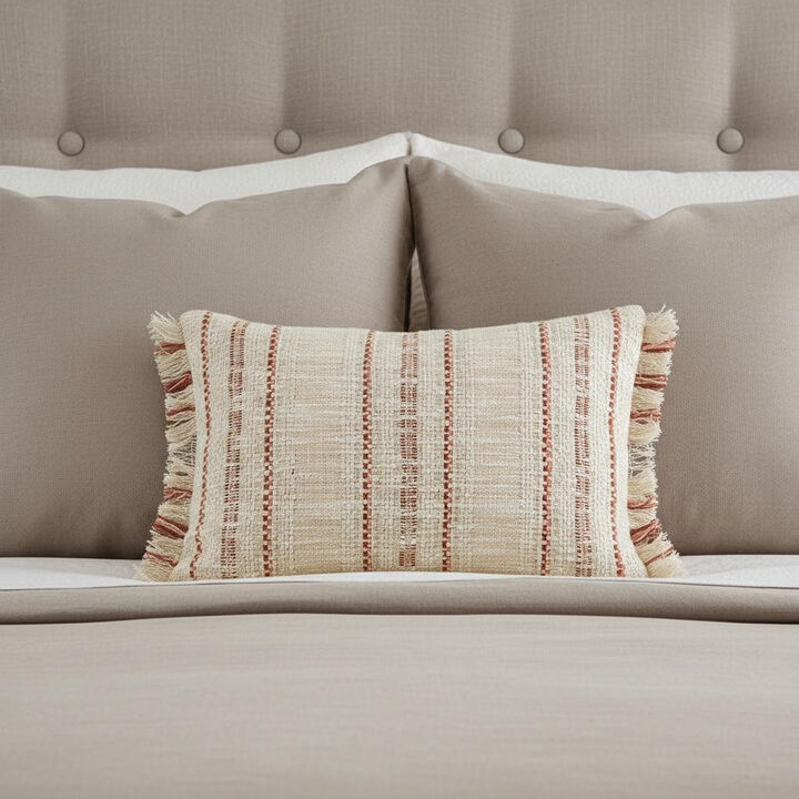 HomeRoots 14" X 20" Beige and Pink Striped Cotton Throw Pillow With Fringe