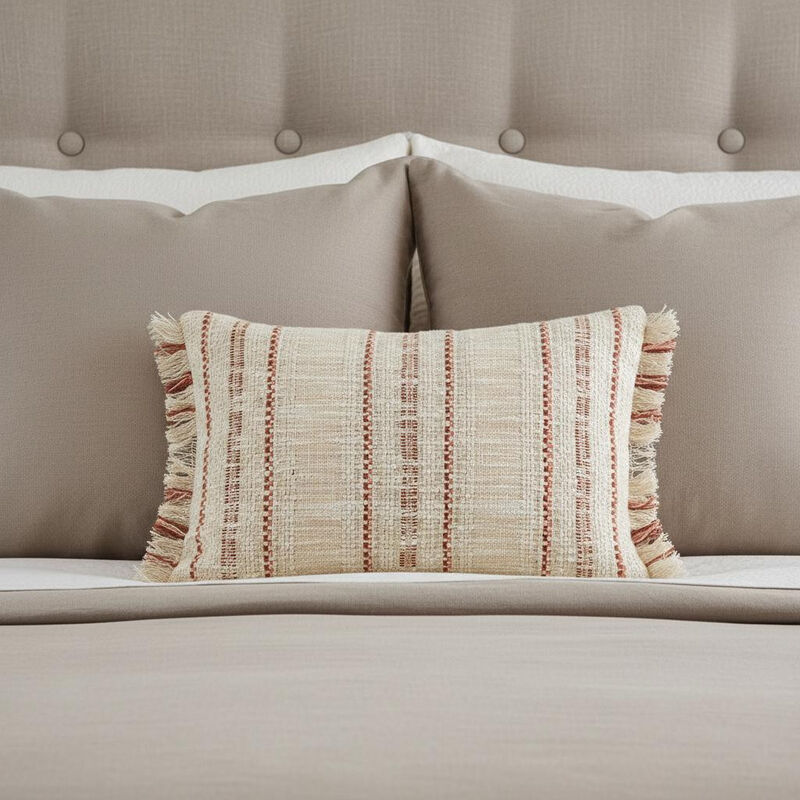 HomeRoots 14" X 20" Beige and Pink Striped Cotton Throw Pillow With Fringe image number 1