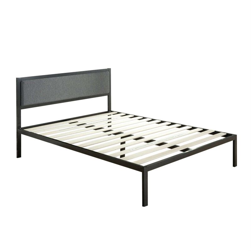 Metal Platform Bed Frame with Wood Slats and Upholstered Headboard