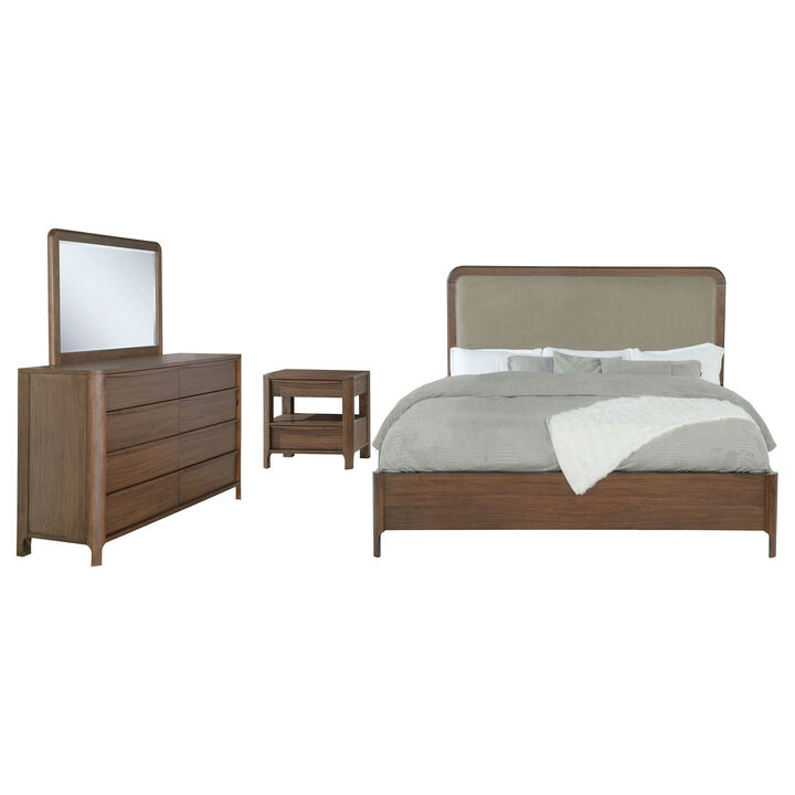 Rie 4pc Queen Bedroom Set with Dresser Mirror, Brown, Beige Upholstery