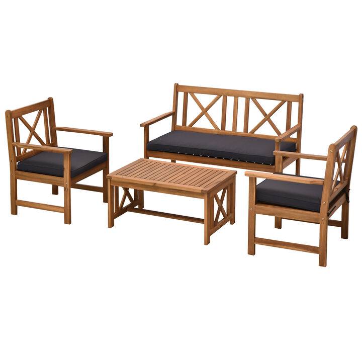 4-Piece Acacia Wood Backyard Conversation Chat Seating Set w/ Cushions Teak/Grey