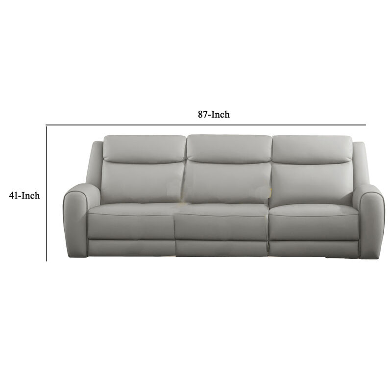 Cobe Sofa, Manual Recliner, 87 Inch, Solid Wood, Top Grain Gray Leather - Benzara