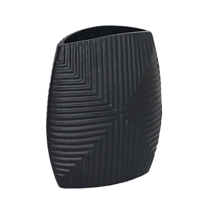 Ako 10 Inch Vase, Metal Ribbed Body Design, Curved Top, Matte Black Finish - Benzara