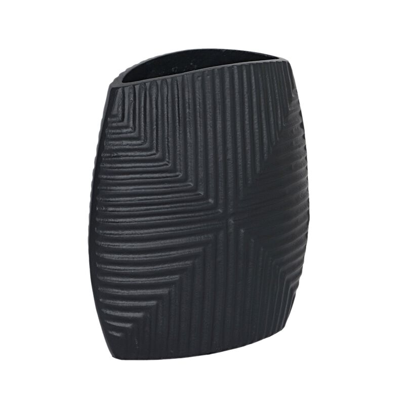 Ako 10 Inch Vase, Metal Ribbed Body Design, Curved Top, Matte Black Finish - Benzara