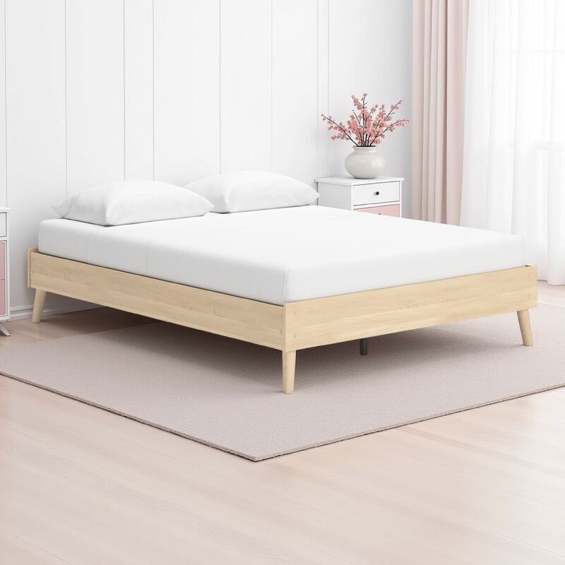 Abis Queen Platform Bed, Natural Brown Wood, Low Profile Tapered Legs - Benzara