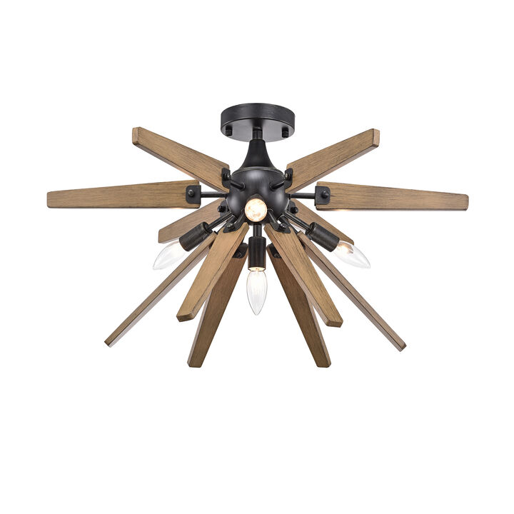 Nerea 4-Light Antique Black Finish Sputnik Natural Wood Flush Mount