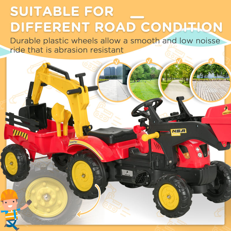 BreeBe 3 in1 Kids Ride On Bulldozer Excavator Toy with 6 Wheels Controllable Cargo Trailer Easy Pedal Controls image number 7