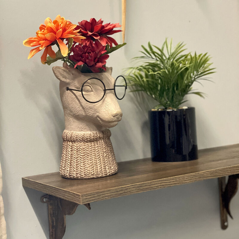 Bespectacled Deer Cement Vase 8.7" Gold Accents Knit Scarf Real Wire Glasses image number 6