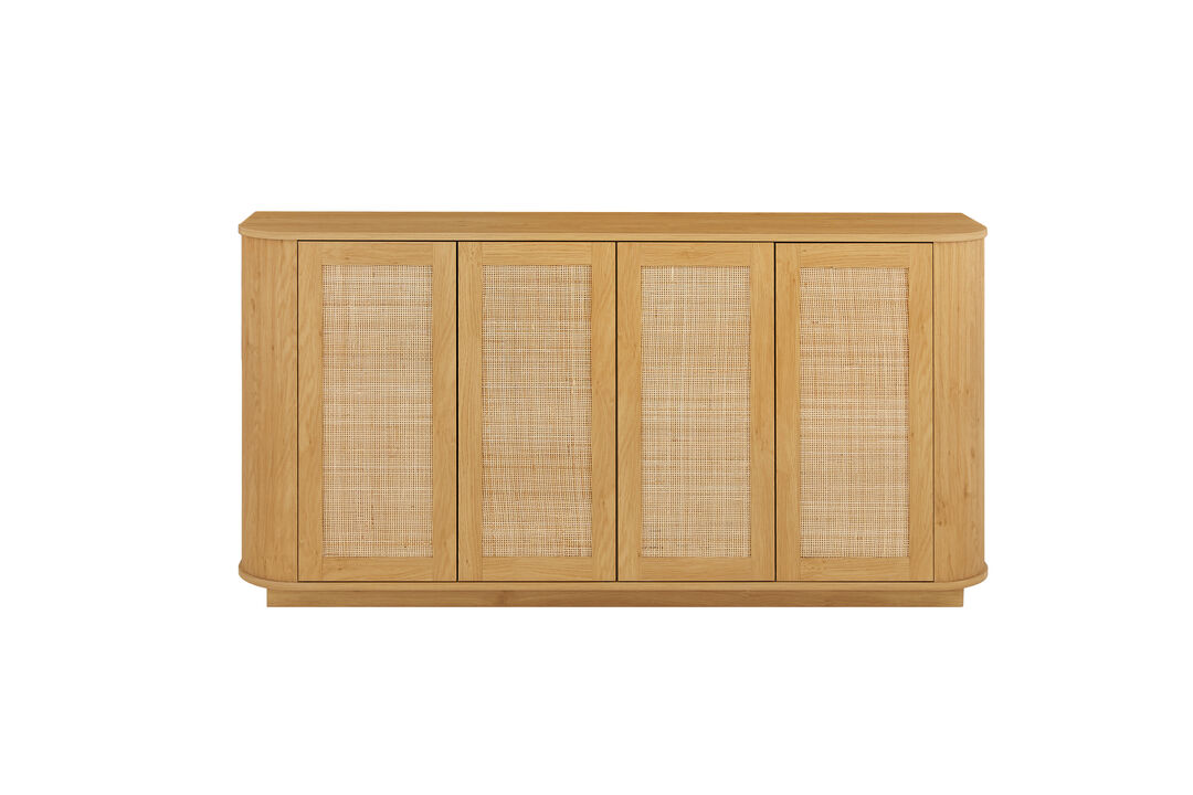 TATEUS Rounded Corner Sideboard - 64" Natural Wood Rattan Door Storage Cabinet