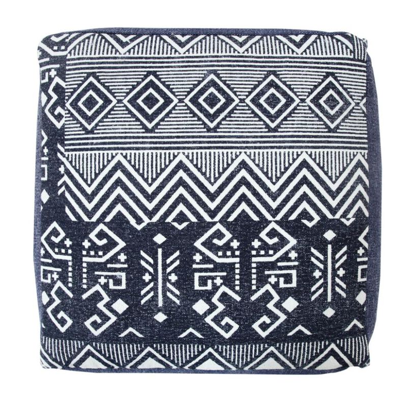 Hivvago 18 Inch Blue Cotton Geometric Pouf Ottoman