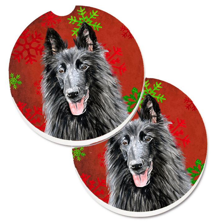 Caroline's Treasures Belgian Sheepdog Red & green Snowflakes Holiday Christmas Set of 2 Cup Holder Car Coasters SC9438CARC, 2.56, Multicolor