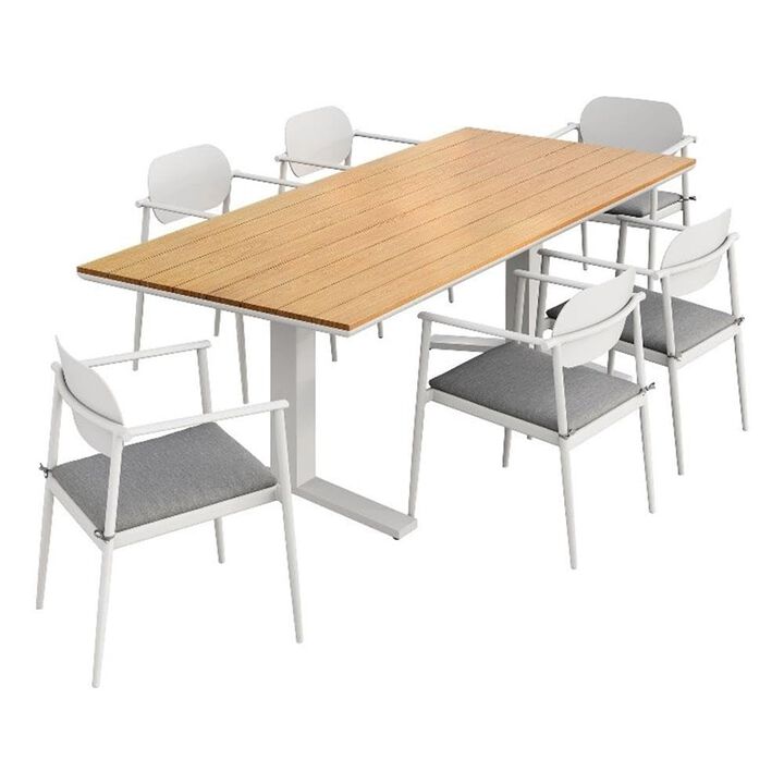 Modway Aeris 7-Piece Outdoor Patio Dining Set in Charcoal &ndash; 91 Inch Rectangular Aluminum Dining Table with Slatted Faux Wood Top and Outdoor Chairs - Patio Dining Set for 6