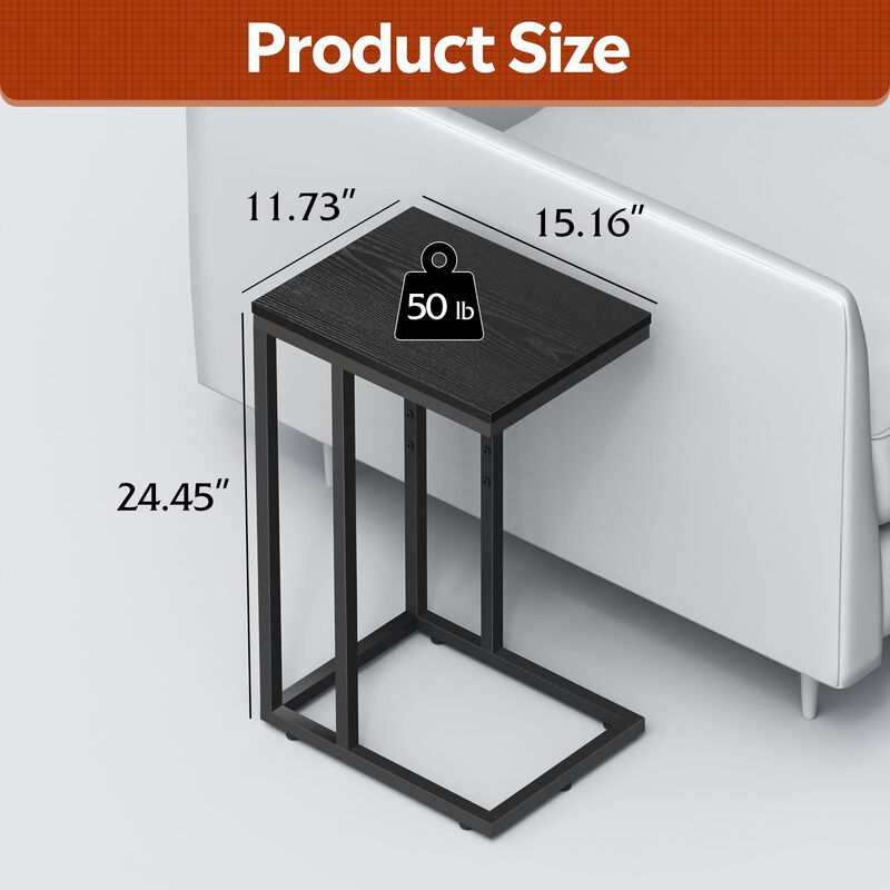 WLIVE Side Table, C Shaped End Table for Couch, Sofa and Bed, Large Desktop C Table for Living Room, Bedroom, Black