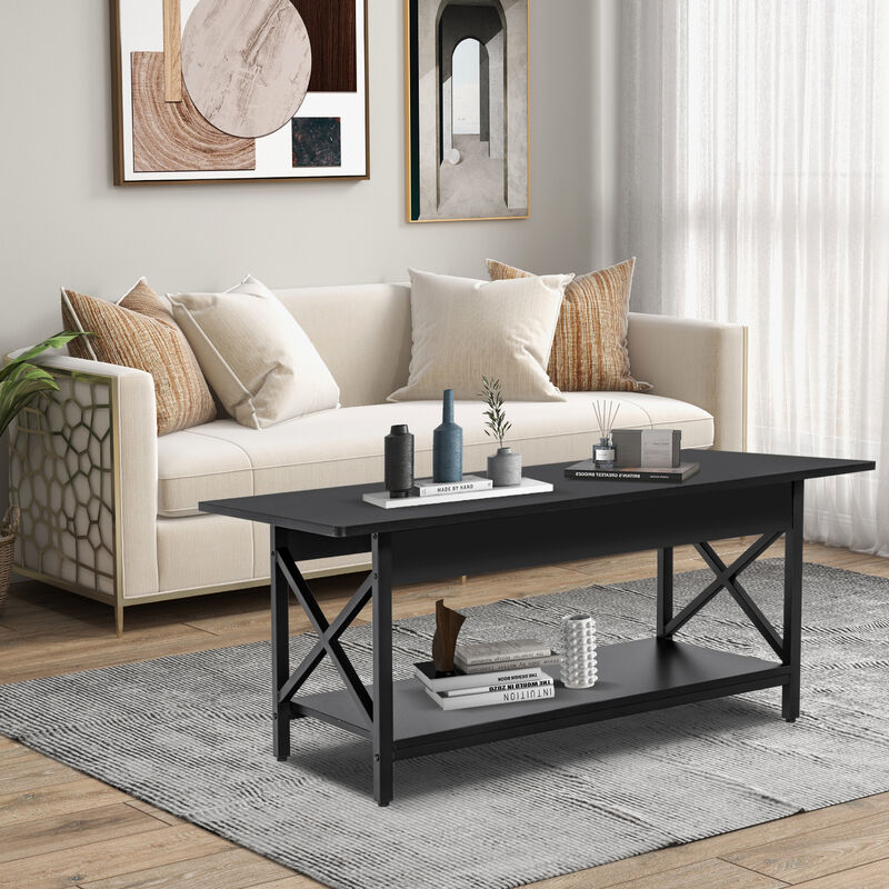 2-Tier Rectangular Coffee Table with Storage Shelf and X-Shaped Metal Frame