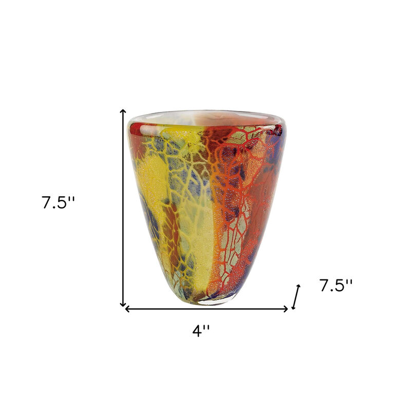 HomeRoots 8" Orange Red and Yellow Murano Glass Abstract Oval Table Vase image number 6