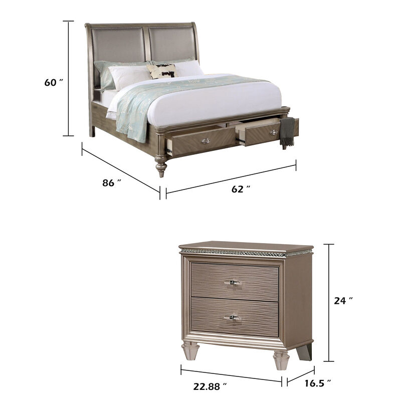 Queen Bedroom Set, Gold Wood, 3 Piece Set with 2 Nightstands image number 7