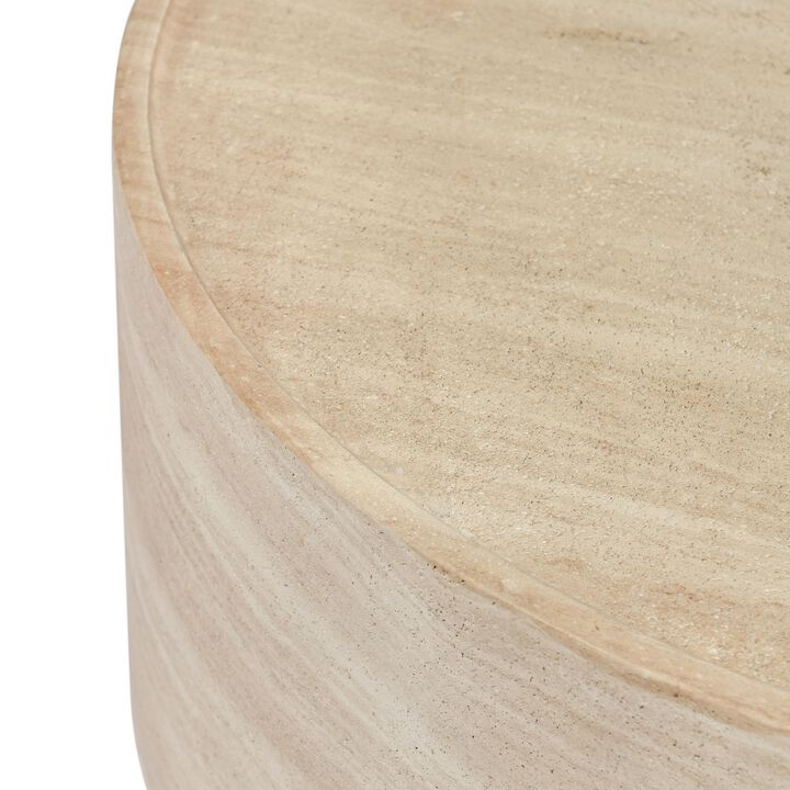 Kiva Outdoor Coffee Table, Plinth Style Base, Beige Concrete 31 Inch - Benzara