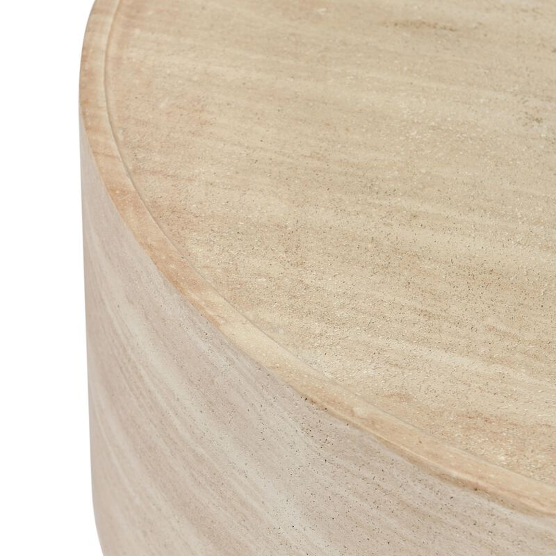 Kiva Outdoor Coffee Table, Plinth Style Base, Beige Concrete 31 Inch - Benzara