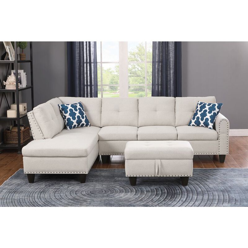 Devion Furniture Polyester Fabric Sectional Sofa with Ottoman-Beige