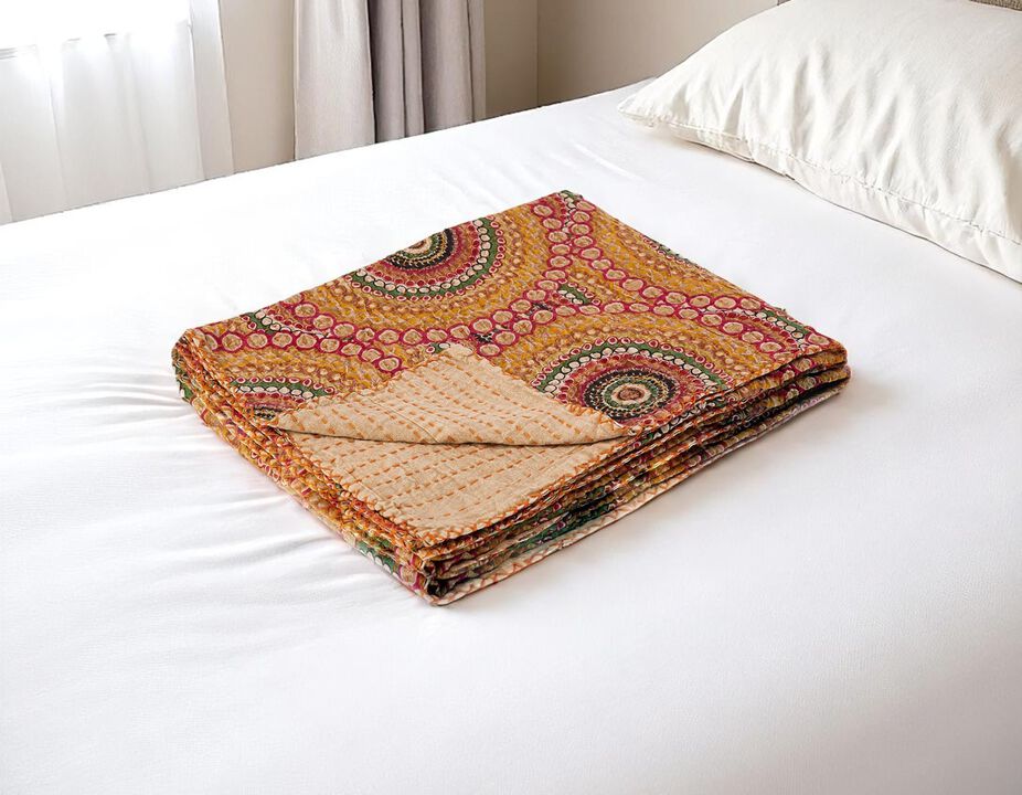 HomeRoots 50" X 70" Brown And Beige Abstract Cotton Quilted Kantha Throw Blanket with Embroidery