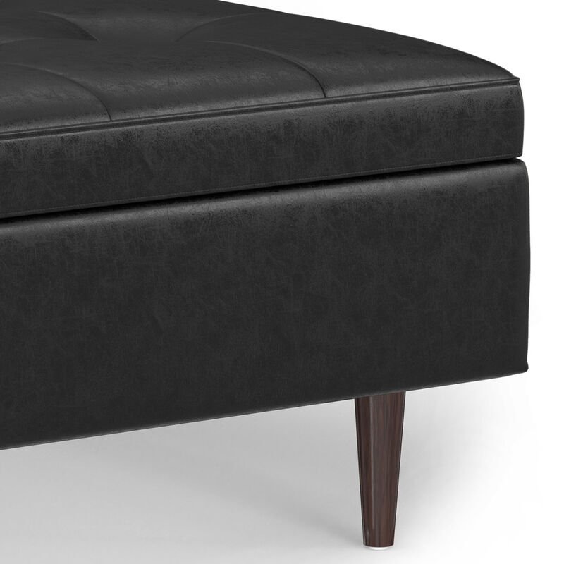 Shay 38 inch Wide Mid Century Modern Square Mid Century Large Square Coffee Table Storage Ottoman in Distressed Black Vegan Faux Leather, Assembled