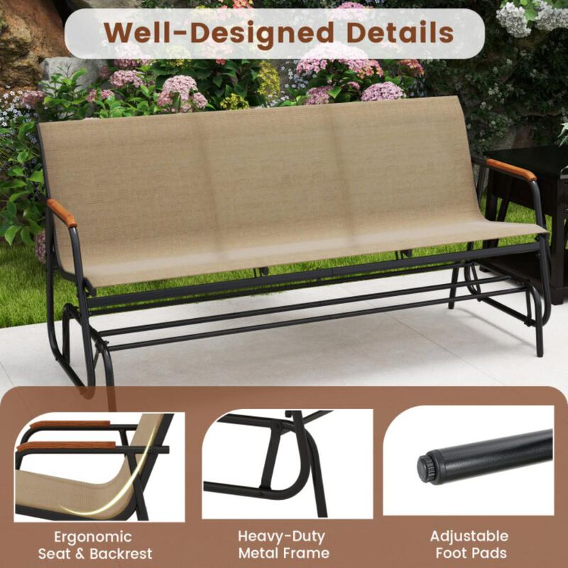 Hivvago Patio Glider Bench with Curved Teak Armrests and Breathable Fabric Seat for 3 People