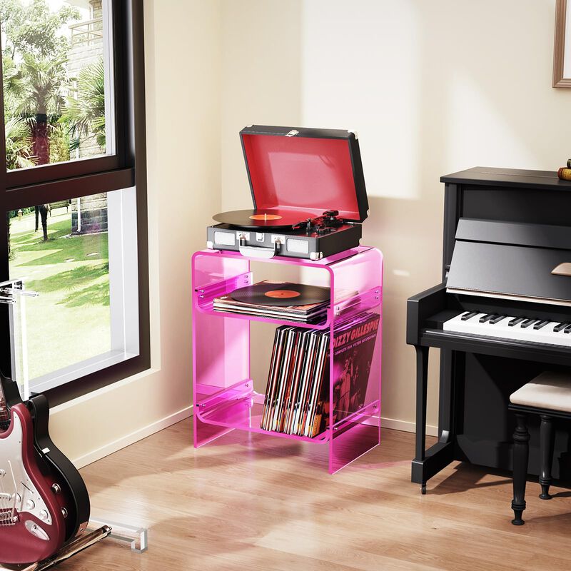 Acrylic Record Player Table with Storage Shelf, Clear Side Table Nightstand (Pink)