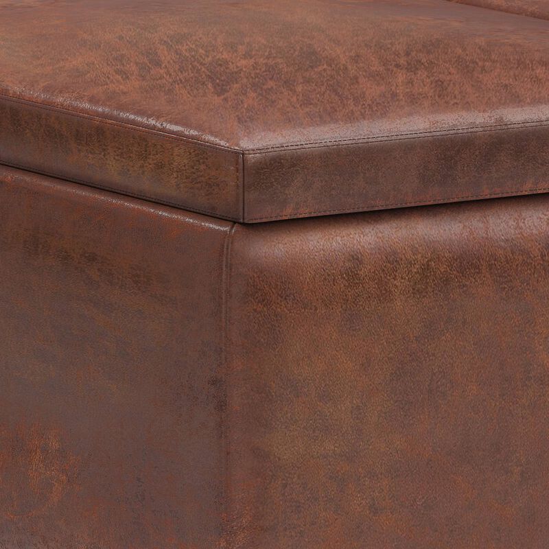 Simpli Home Small Coffee Table Storage Ottoman In Distressed Saddle Brown Vegan Faux Leather