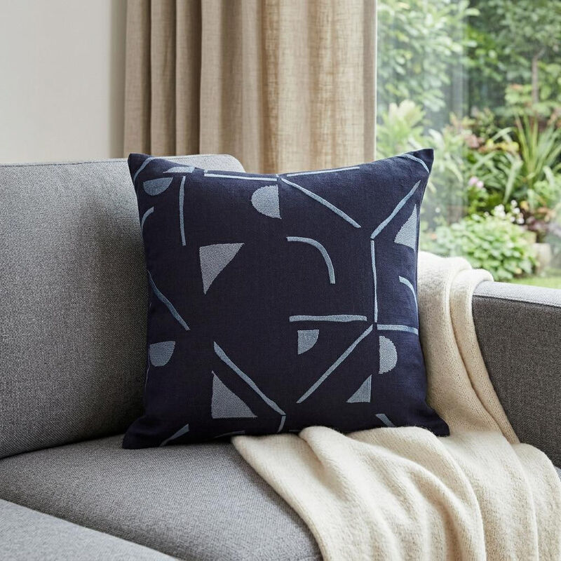 HomeRoots 20" Blue Geometric Cotton Blend Throw Pillow With Embroidery image number 1