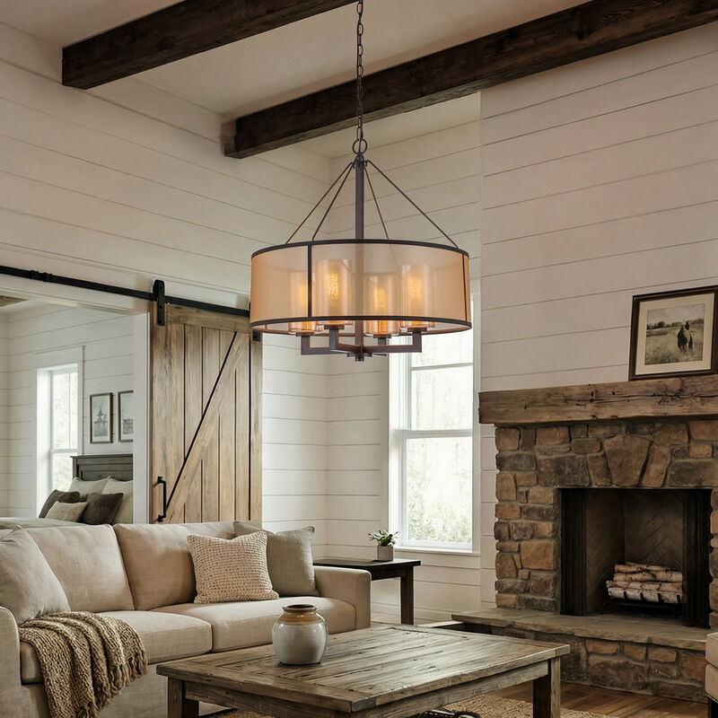 24-Inch 4-Light Oil Rubbed Bronze Transisional Chandelier with Beige Drum Shade and Mercury Glass Dimmable for Dining Room or Foyer image number 2
