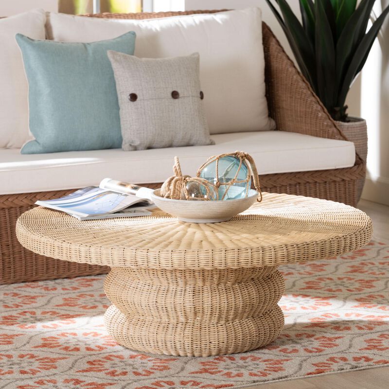 bali & pari Silvia Natural Rattan Coffee Table - Handwoven Wicker Accent Cocktail Table with Pedestal Base for Living Room or Sunroom image number 5