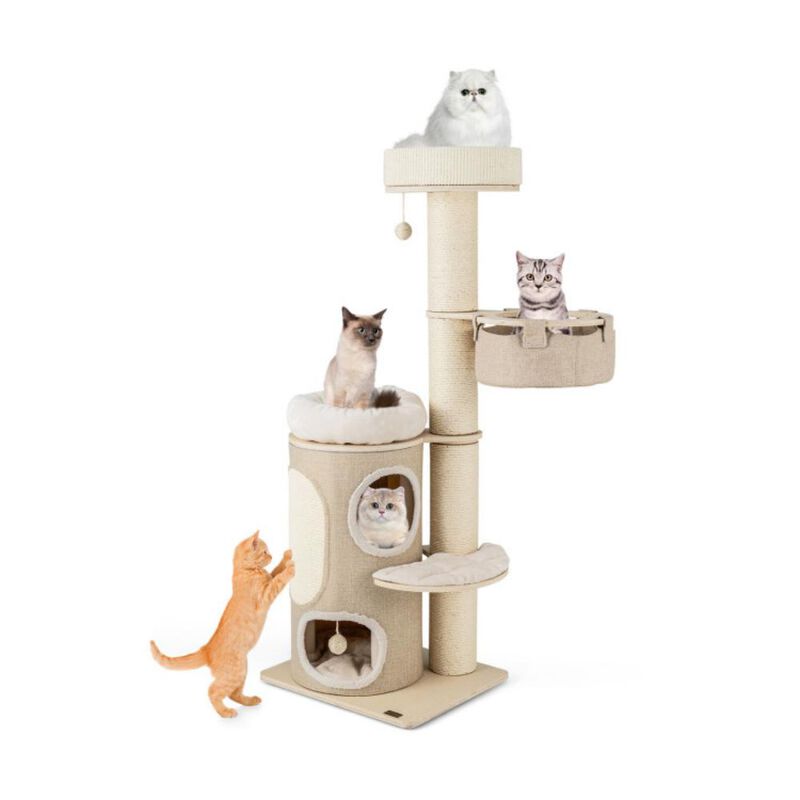 Hivvago 61 Inches Cat Tree for Indoor Cats with 2-stoery Condo and Top Perch