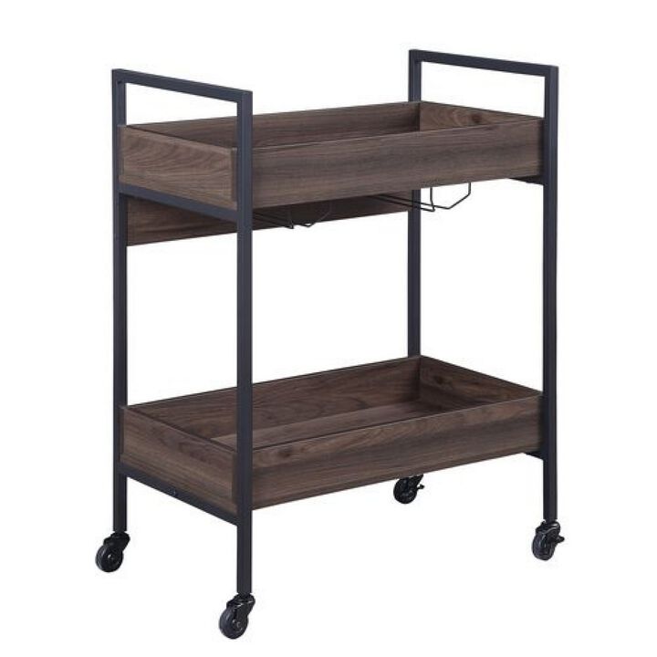 2 Tier Serving Cart with Wooden Shelves and Metal Frame, Brown-Benzara
