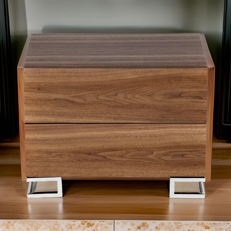 Sam 20 Inch Nightstand, 2 Drawers, Walnut Brown, High Polished Metal Legs - Benzara