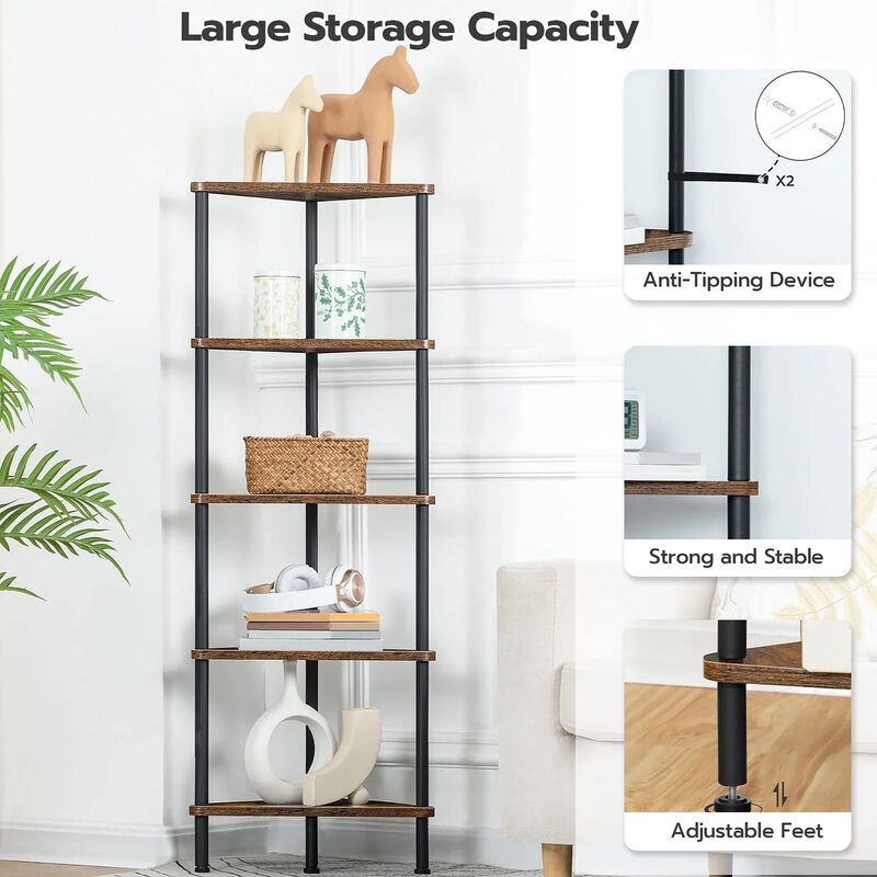 Industrial Style Corner Bookcase 5 Shelf Unit for Space Saving Storage image number 7