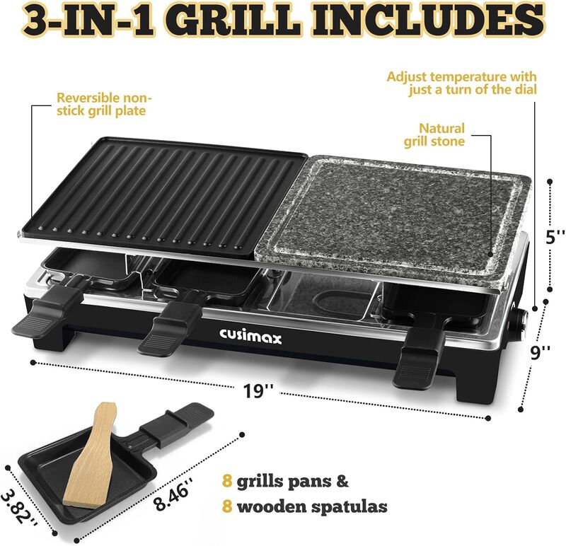 Cusimax Electric Raclette Table Grill, Portable Indoor BBQ Grill with 2 in 1 Reversible Non-stick Plate & Natural Grill Stone image number 2