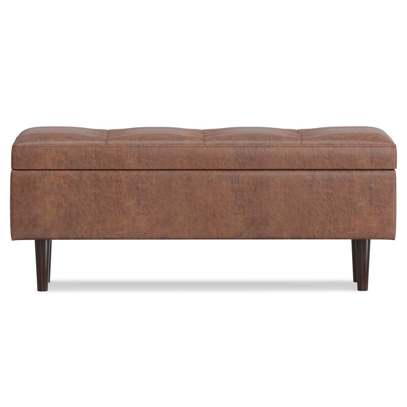 Shay Mid Century Rectangular Storage Ottoman in Distressed Saddle Brown Faux Leather