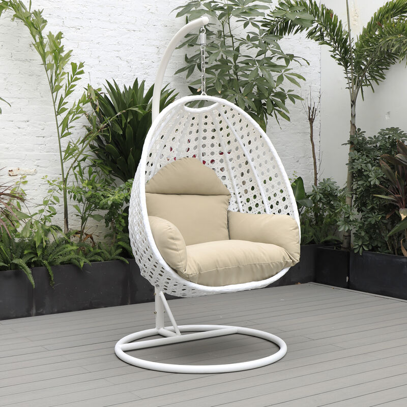 LeisureMod White Wicker Hanging Egg Swing Chair - Modern Outdoor Patio Chair for Porch, Balcony & Garden | Comfortable, Stylish, Durable