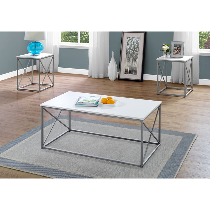 Monarch Specialties I 7951P Table Set, 3pcs Set, Coffee, End, Side, Accent, Living Room, Metal, Laminate, White, Grey, Contemporary, Modern