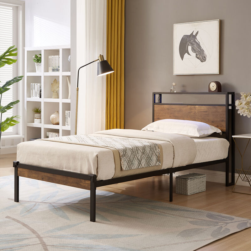 Modern Metal Bed Frame with Wood Accents