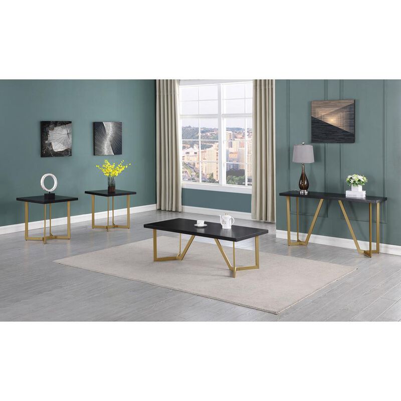 4pc Black wood top coffee table set w/ gold color iron base (1 coffee+2End+1console table)