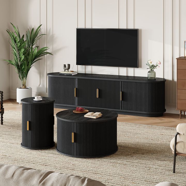 Clihome Wooden TV Stand Coffee Table Set with Fluted Sliding Door for Living Room