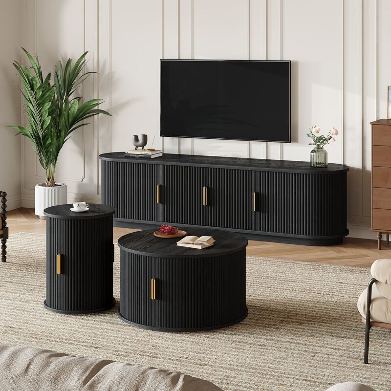 Clihome Wooden TV Stand Coffee Table Set with Fluted Sliding Door for Living Room image number 1