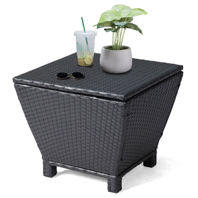 Outdoor PE Wicker Side Table with Storage, Small Patio Storage Bin for Hose, Cushions, or Towels image number 9