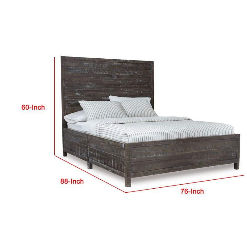 Cas California King Bed, Rustic Rough Hewn Solid Wood Planks, Dark Gray - Benzara