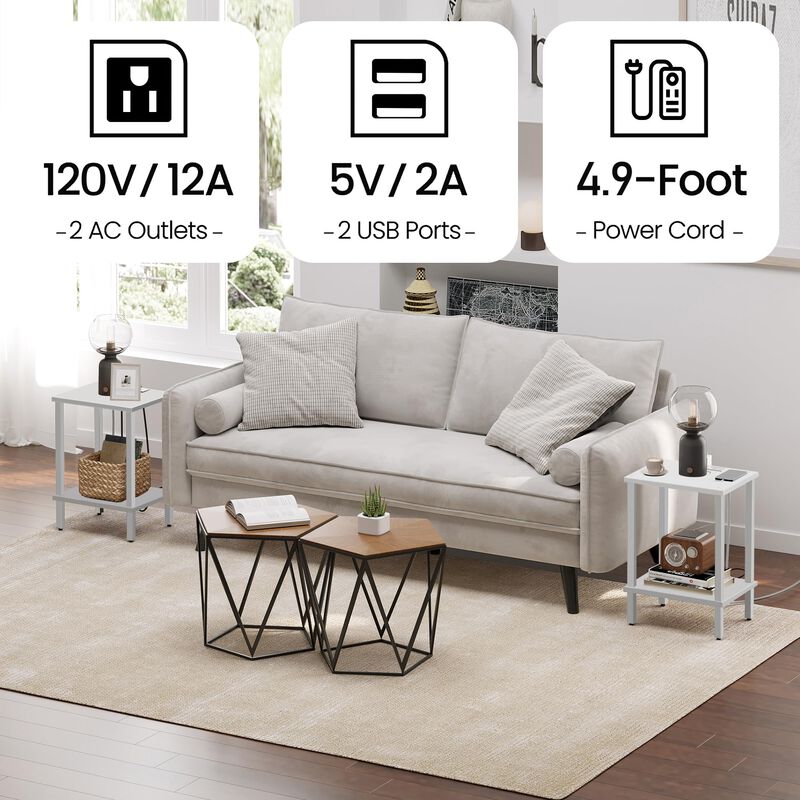 TUTOTAK End Table with Charging Station, Set of 2, Side Table with USB Ports and Outlets, Nightstand, 2-Tier Storage Shelf, Sofa