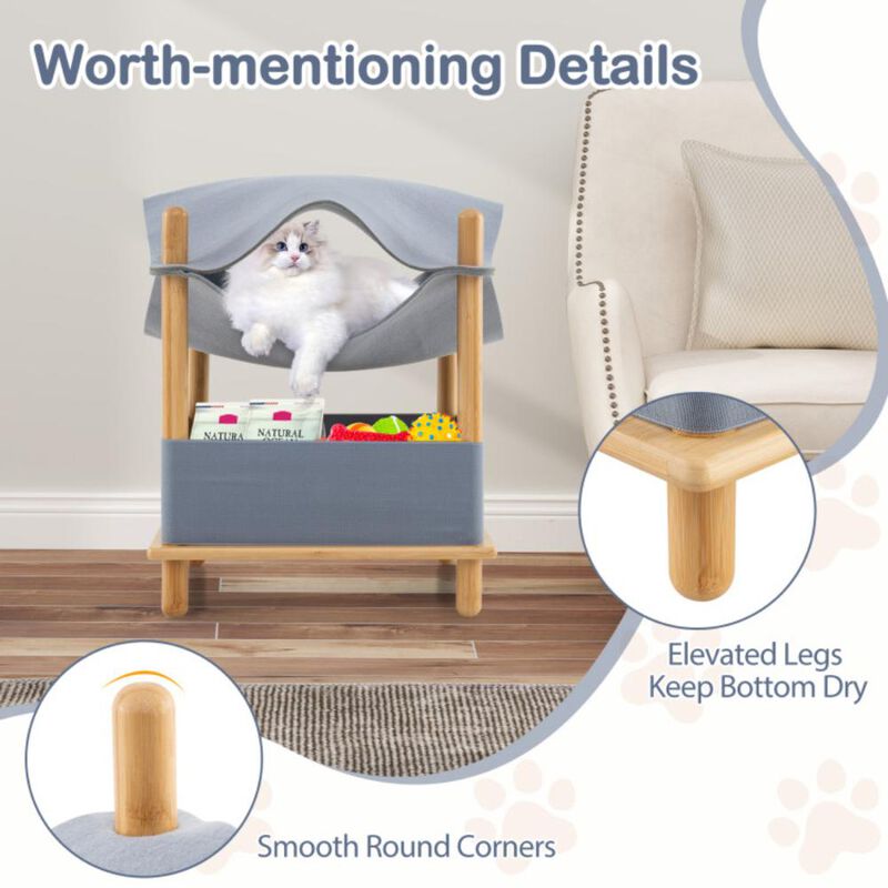 Hivvago 2-Tier Wooden Cat House with Semi-enclosed Condo and Removable Clothes