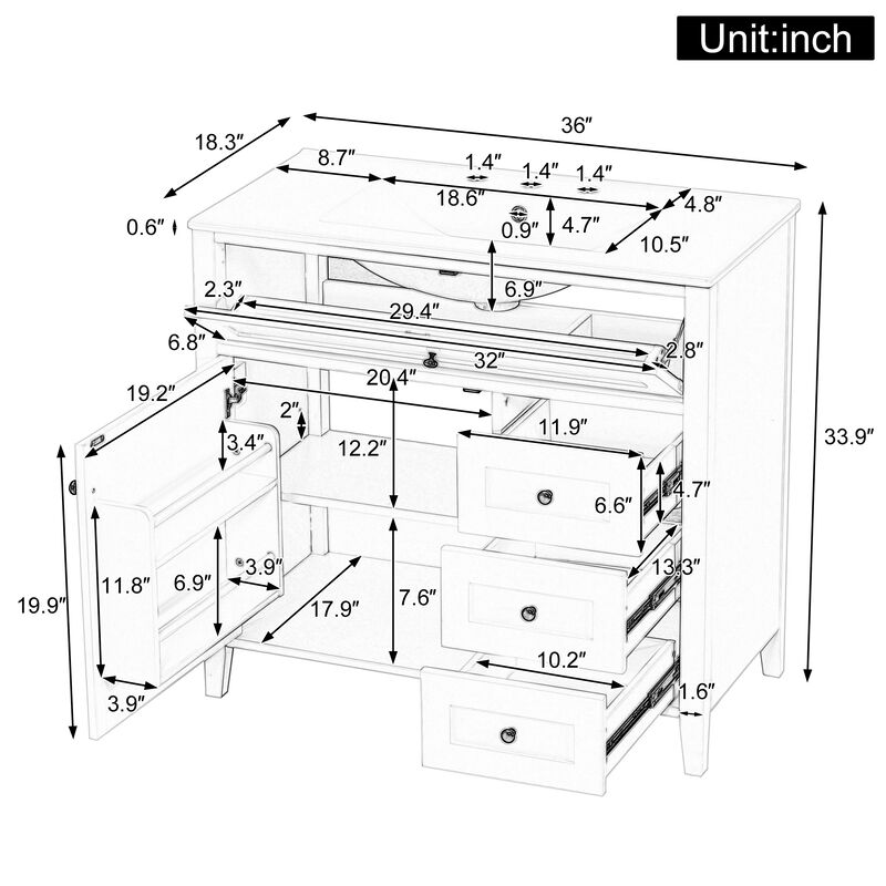 Merax Bathroom Storage Vanity with Left Adjustable Shelving Cabinet & 3 Right Smooth-Glide Drawers image number 4